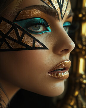 Professionelles Beauty-Portrait einer jungen Frau mit makellosem Haute-Couture-Make-up. Nahaufnahme zeigt perfekte Haut und kunstvolle Lidschatten-Technik