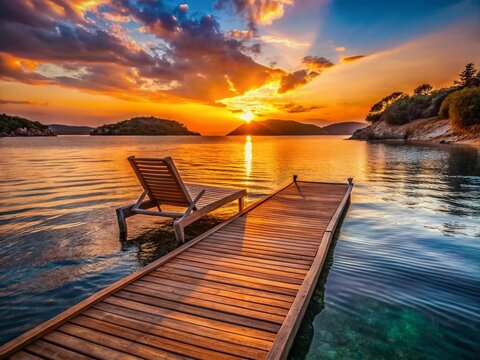 Golden Hour Sunset at Ksamil Pier, Albanian Riviera - Relaxing Lounger on Wooden Dock
