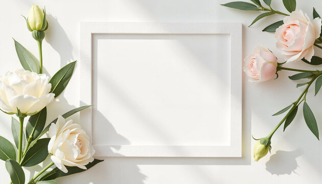 Funeral invitation card template with white frame and floral decoration on soft background, copy space - Powered by Adobe