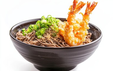 A bowl of soba noodles with tempura shrimp and green onions flying dynamically on a white background