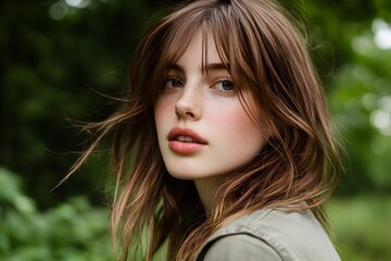 Fototapeta premium Young Woman with Freckles and Long Brown Hair Outdoors