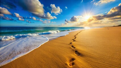 Golden Sand Footprints Leading to Azure Ocean Horizon - Calm Beach Scene Stock Photo