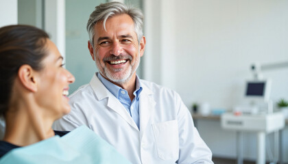 Smiling dentist with patient in dental clinic during consultation
