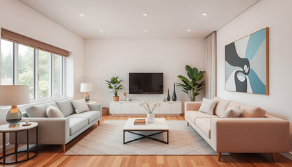 "Modern Living Room with Pastel-Colored Furniture and Geometric Accents, Showcasing Contemporary Design and Stylish Decor – Perfect for Interior Design and Home Inspiration Stock Photography"