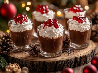 Festive Chocolate Dessert Cups with Whipped Cream and Red Jelly Garnish Surrounded by Holiday Decor and Pine Cones, Perfect for Winter Celebrations