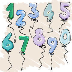  The numbers are in the form of balloons with a rope and in shades of blue and green. Vector illustration