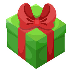 Green gift box with red bow. Vector illustration of cartoon flat cute color present isolated on white background. Christmas or birthday present, anniversary or Valentine`s day gift box.