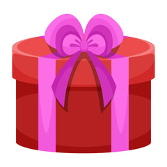 Round red gift box with pink bow. Vector illustration of cartoon flat cute color present isolated on white background. Christmas or birthday present, anniversary or Valentine`s day gift box.