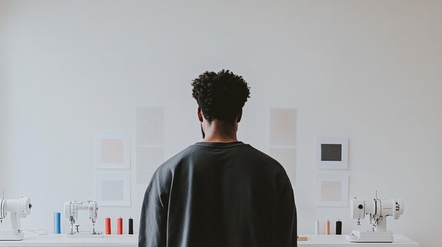 Fashion designer engages with AI-powered sewing machine to craft unique dress featuring algorithmic patterns in a vibrant studio setting - Powered by Adobe