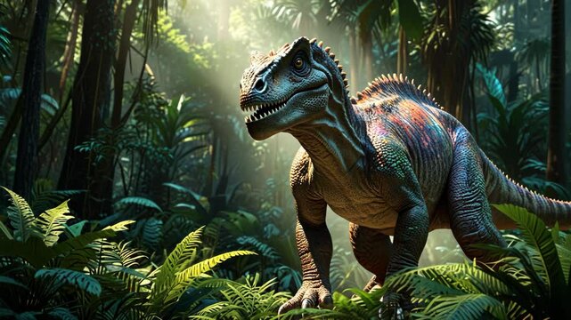 Tyrannosaurus walking through the Jurassic jungle. The Age of Dinosaurs.