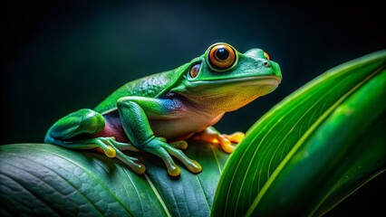 Naklejka premium Green Frog on Leaf - Low Light Night Photography Stock Photo