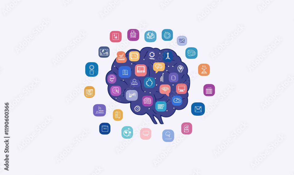 Poster digital ai brain with icons illustrating chat interface and technology concepts