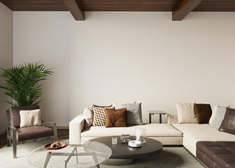Wall Mockup Mid Century Modern Living Room with Neutral Beige Sofa Wooden Coffee Table 