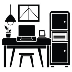Home Workspace with Printer: A Silhouette Perspective desk vector     