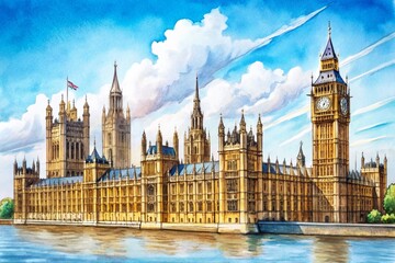 Fototapeta premium Hand-Drawn Sketch of London's Palace of Westminster: Iconic Landmark Illustration