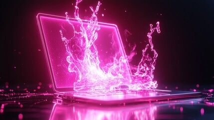 Futuristic laptop design glowing in neon, sleek ad layout with spacious text area, high-performance vibes, minimalist tech launch aesthetic