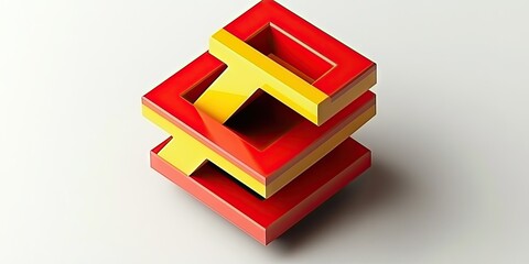 Abstract Geometric Sculpture Featuring Interlocking Red and Yellow Shapes on a White Background
