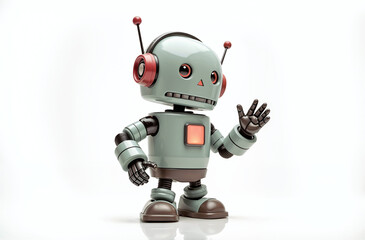 Friendly robot waving his hand, isolated on a white background