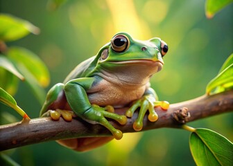 Happy Green Tree Frog on Olive Branch - Adorable Amphibian Stock Photo