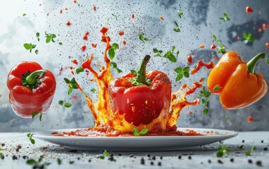 A dish of stuffed peppers with tomato sauce splashing mid-air and herbs flying on a white canvas