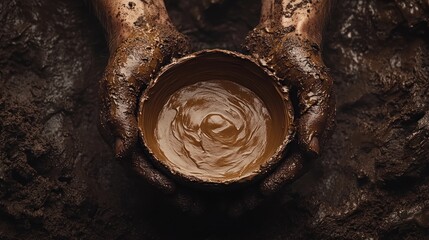 Fototapeta premium Mud-covered hands carefully hold a small bowl of wet clay.