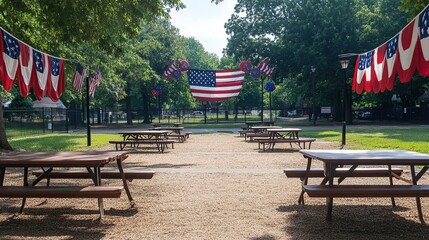 Picnic tables in park decorated for patriotic holiday.