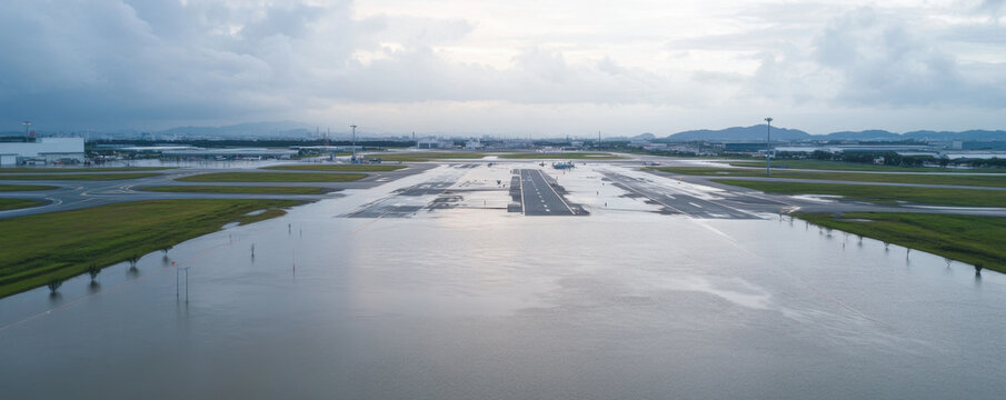 Aerial view of flooded airport with water covering runways and surrounding areas, showcasing impact of heavy rainfall and flooding on aviation infrastructure - Powered by Adobe