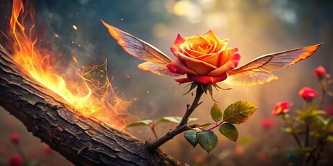 A fiery rose with delicate wings unfolding from a branch, its petals glowing like embers , nature-inspired, tree