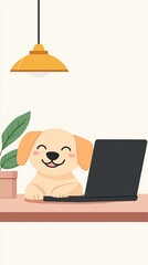 Business pets flower concept, Cute Cartoon Dog Sitting at Desk with Laptop and Plant Under Modern Light Fixture