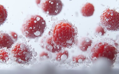 A handful of raspberries hovering gently in mid-air with their intricate textures on a clean white surface