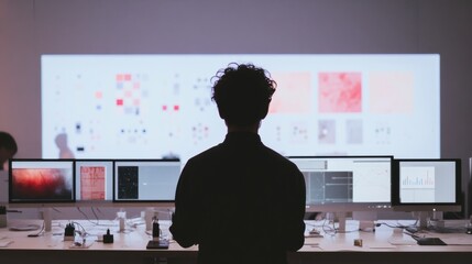 Fashion designer analyzing AI-powered data in a modern studio. Innovative tools, digital integration, and advanced design processes in the fashion industry.