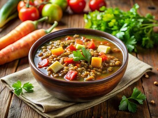 Hearty Lentil Soup with Celery and Colorful Vegetables - Stock Photo