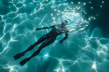 A glowing swimmer diving into a digital pool with neon ripples, symbolizing grace and energy