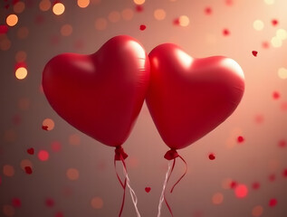 Two red heart-shaped balloons hanging on a white rope against a bokeh background. Valentine's Day concept.