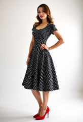 Fototapeta premium Woman in black vintage polka dot dress and red heels posing.