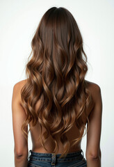 Fototapeta premium person with long wavy brunette hair with soft curls, back view