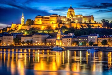 Budapest Castle Night View, Danube River, Bokeh Lights, Illuminated Fortress, Hungary
