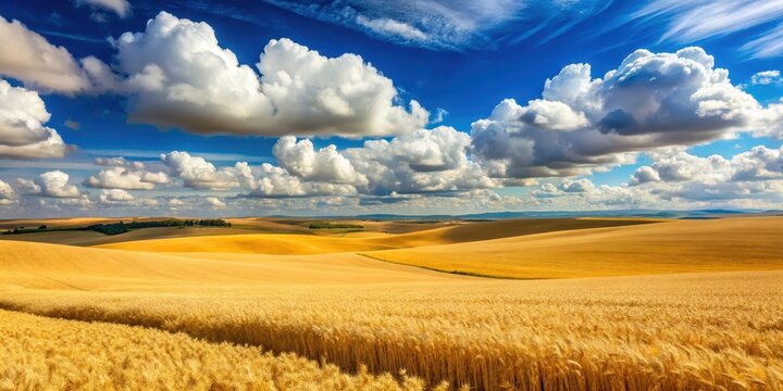 A vast expanse of golden wheat fields stretching across a rolling hills under a bright sunny day sky with fluffy white clouds and a blue horizon , sunny day, rural landscape