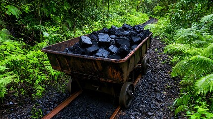 Coal cart filled with black coal on a railway track surrounded by lush green foliage