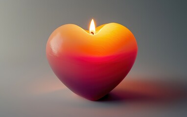 A large heart candle with a gradient design from red to pink, glowing on a soft grey background for valentines day