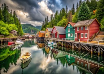 Obraz premium Historic Telegraph Cove: Cloudy Day, Charming Buildings & Boats