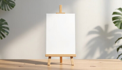 Blank canvas on wooden easel against bright background