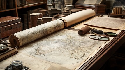 Antique Maps Charts And Navigation Tools On A Wooden Desk