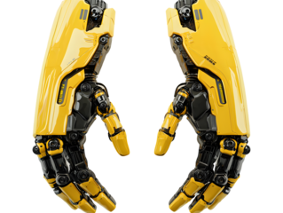 Robotic Yellow Mechanical Hands Grasping and Manipulating with Precision and Control in Futuristic Design
