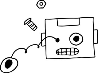the head of a broken robot with one eye flying out on a spring