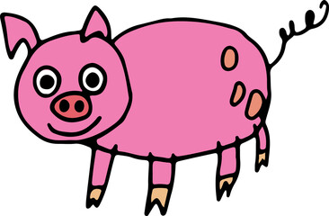 happy little pink pig with spots on butt standing and looking at camera