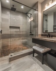 A dynamic image of a modern bathroom with matte black fixtures, a walk-in shower, and sleek tiles