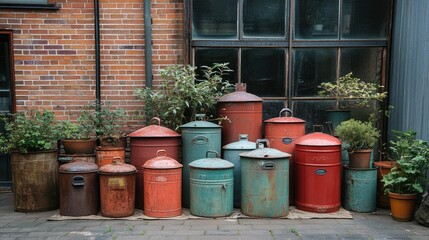 Obraz premium Colorful Vintage Barrels and Potted Plants Against a Brick Wall in an Urban Setting