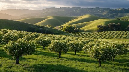 Obraz premium Sunlit orchard and vineyard in rolling hills.