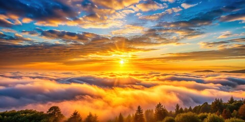 A serene dawn landscape with a vibrant sunrise peeking through the clouds